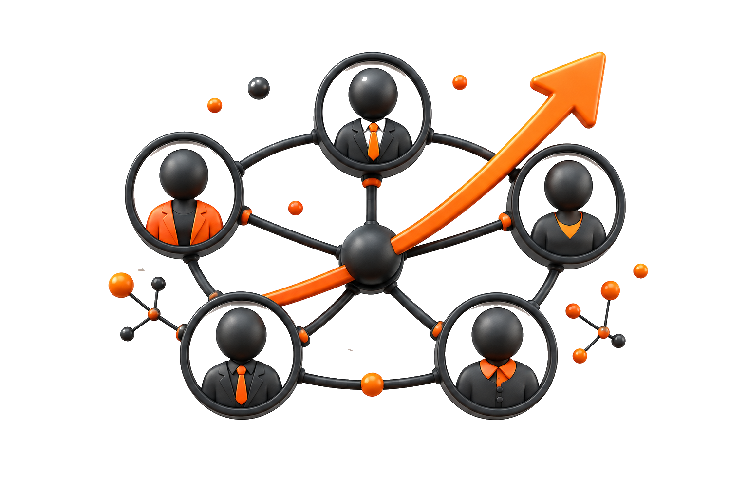 Connected team members with an orange arrow rising upward