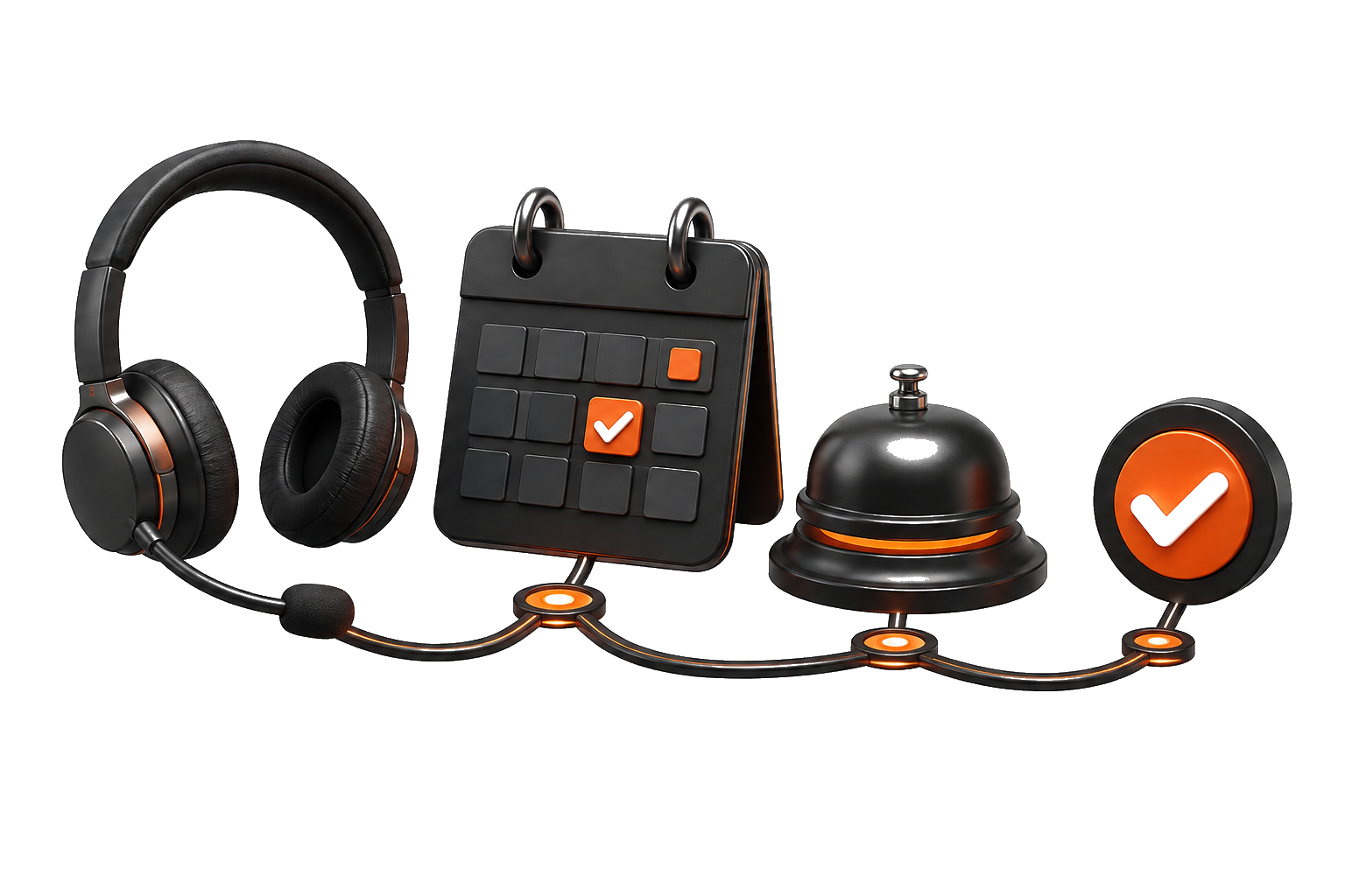Connected headset, appointment calendar and service bell in black and orange