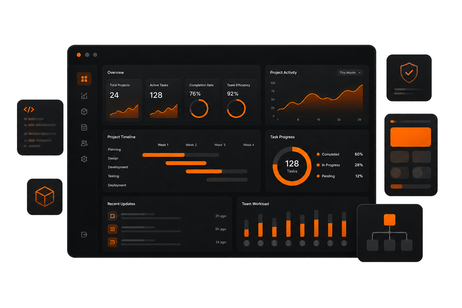 Black and orange business dashboard concept with project activity, timelines and team workload