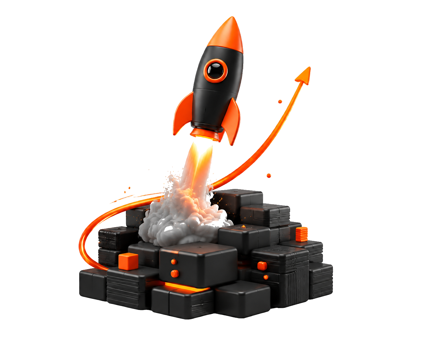 Black and orange rocket lifting off from a foundation of building blocks